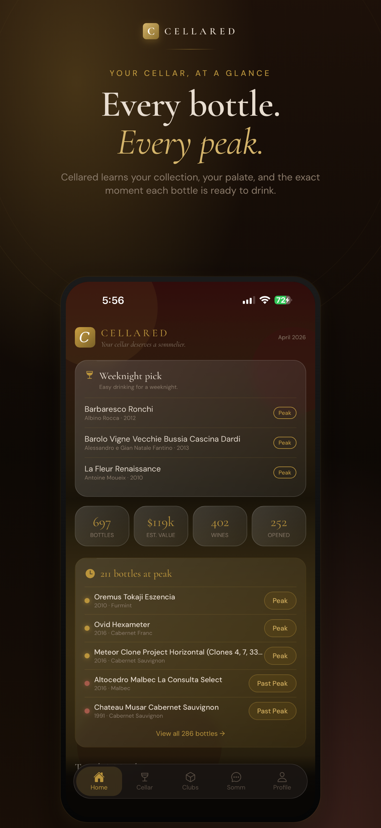 Cellared home screen showing a weeknight pick and a list of bottles currently at their peak.